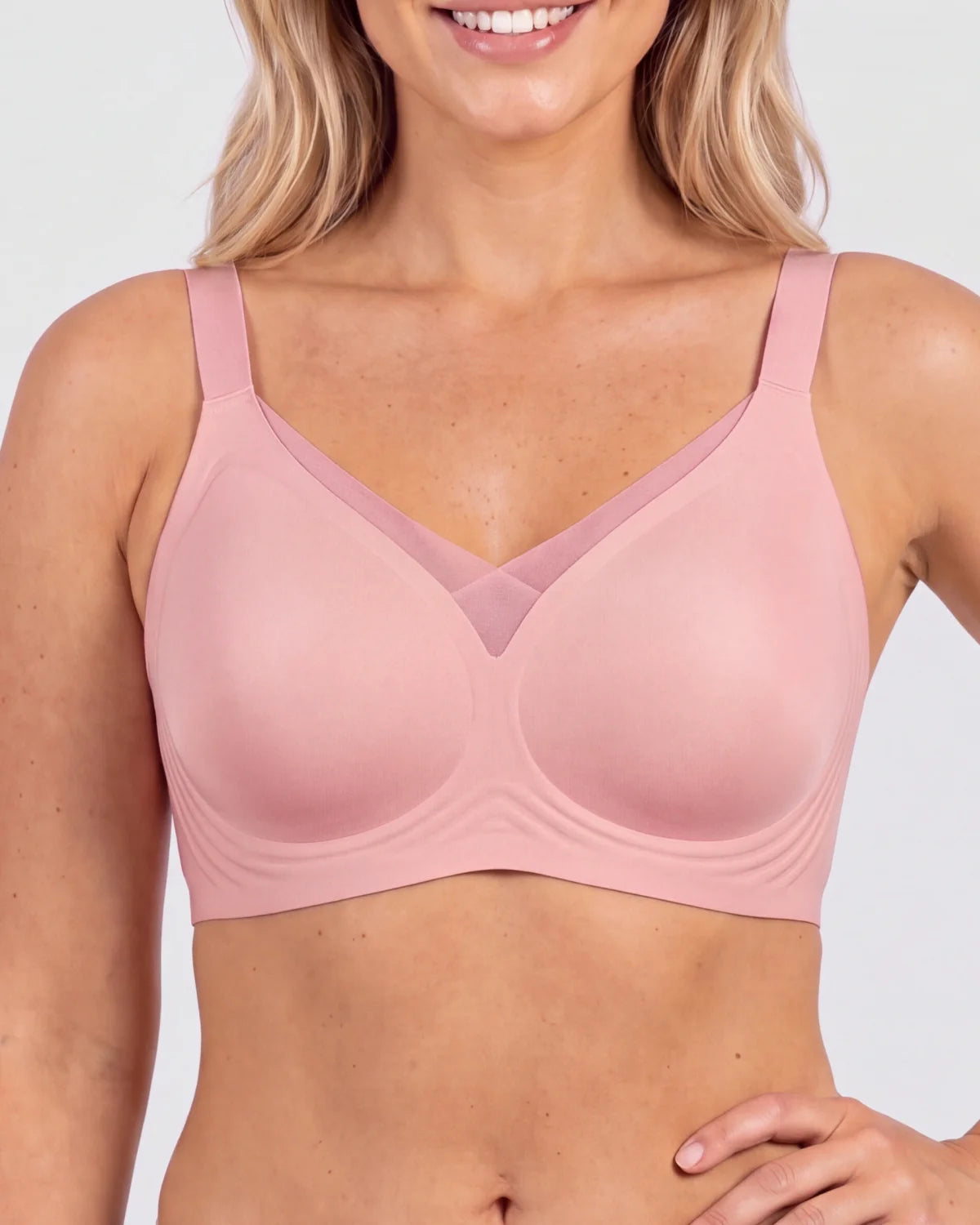 Front - CURVS V-Neck Mesh Bra - Pink #Color_Pink