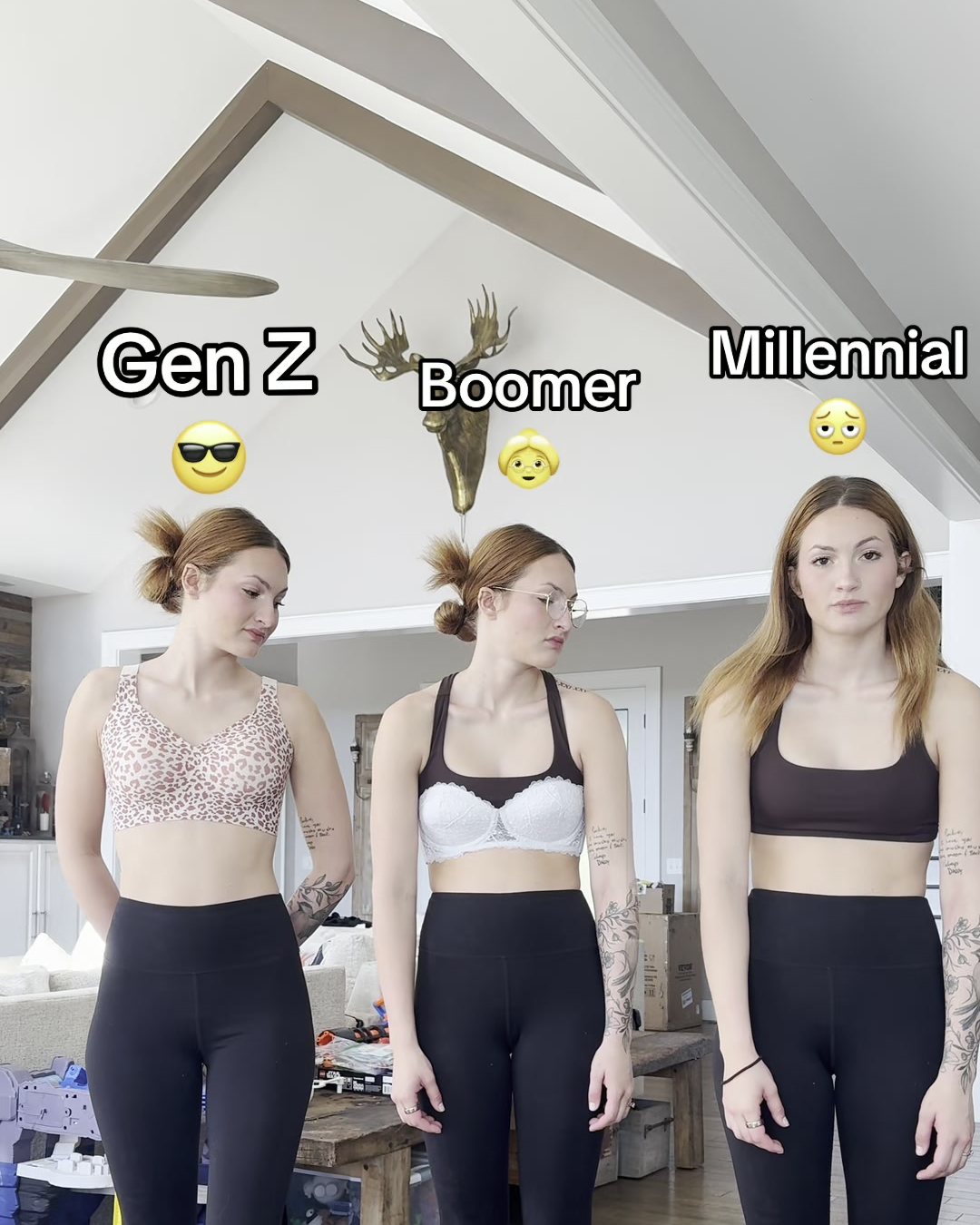 Isabella as Gen Z in the CURVS jelly bra, Boomer in a wired bra and Millennial in a sports bra